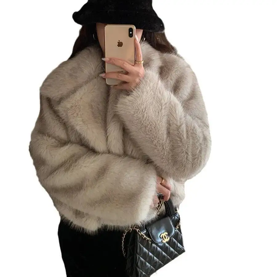 Coat Environmental-friendly Fur for Women, Large Lapel Short Style, Socialite Elegant Faux lady Fur Dyed Pointed Autumn Winter