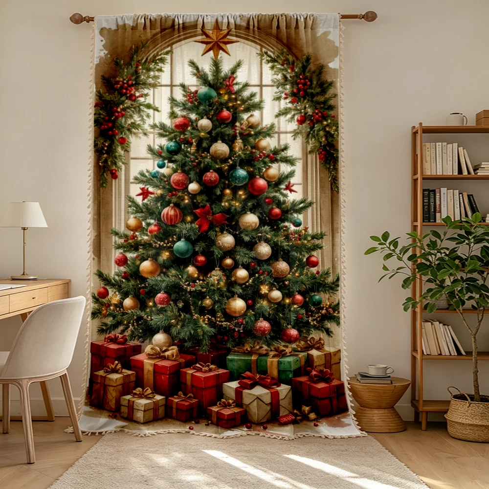 1PC Christmas Tassel Sheer Curtains, Tree Gift Box, Digital Print, Linen Polyester, Bedroom Living Room, Rod Pocket, Home Decor