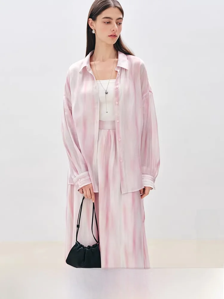 

Women's Printed adient irt Skirt Set Purple Thin Veil Feeling Sunset Skirt Long Sve Button Closure Faionable Ensemble