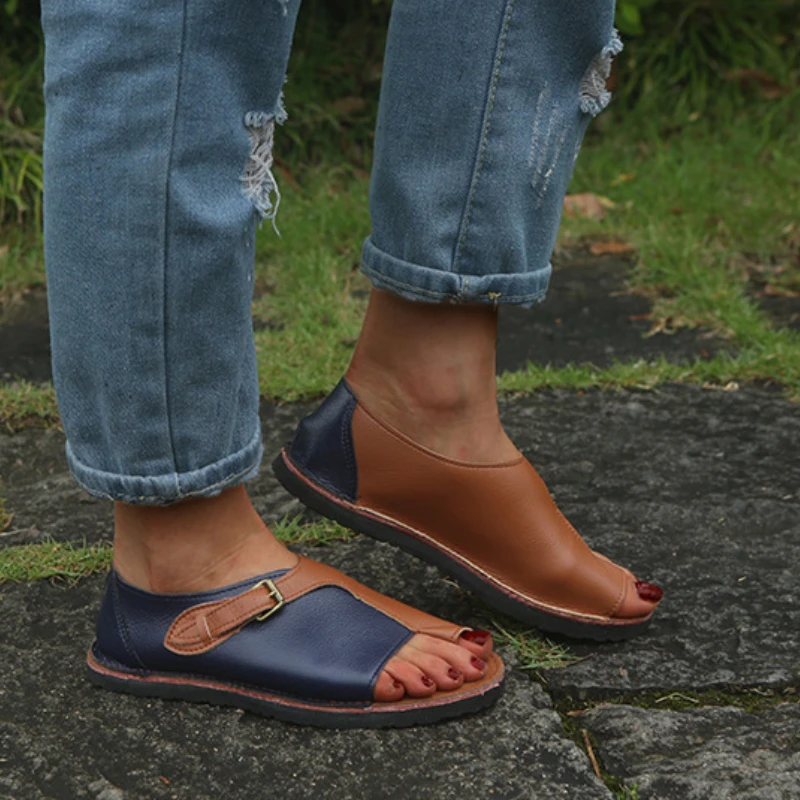 Women Sandals Summer Shoes for Women Retro PU Leather Peep Toe Women Slipper 2025 New Beach Buckle Strap Flat Sandalias De Mujer image 6