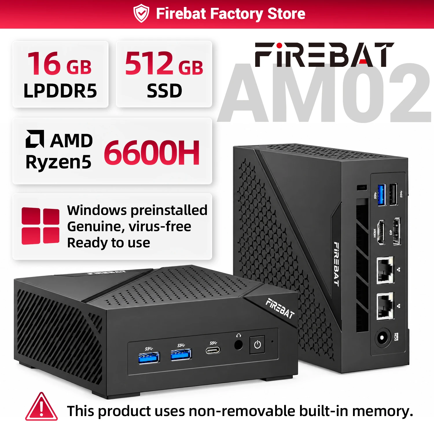 FIREBAT AM02 Mini PC AMD Ryzen 5 6600H CPU 6C/12T 16GB LPDDR5 RAM 512GB SSD Windows 11 Desktop WIFI6 BT5.2 Gaming Computer