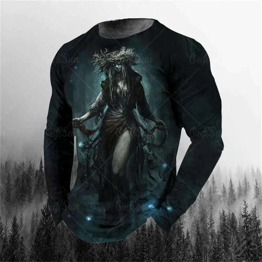 O-Neck Pullover Plus Size T-shirt Men's Clothing Retro Men's Long Sleeve Tees 3D Printing Skull Long T-shirt Men's Streetwear