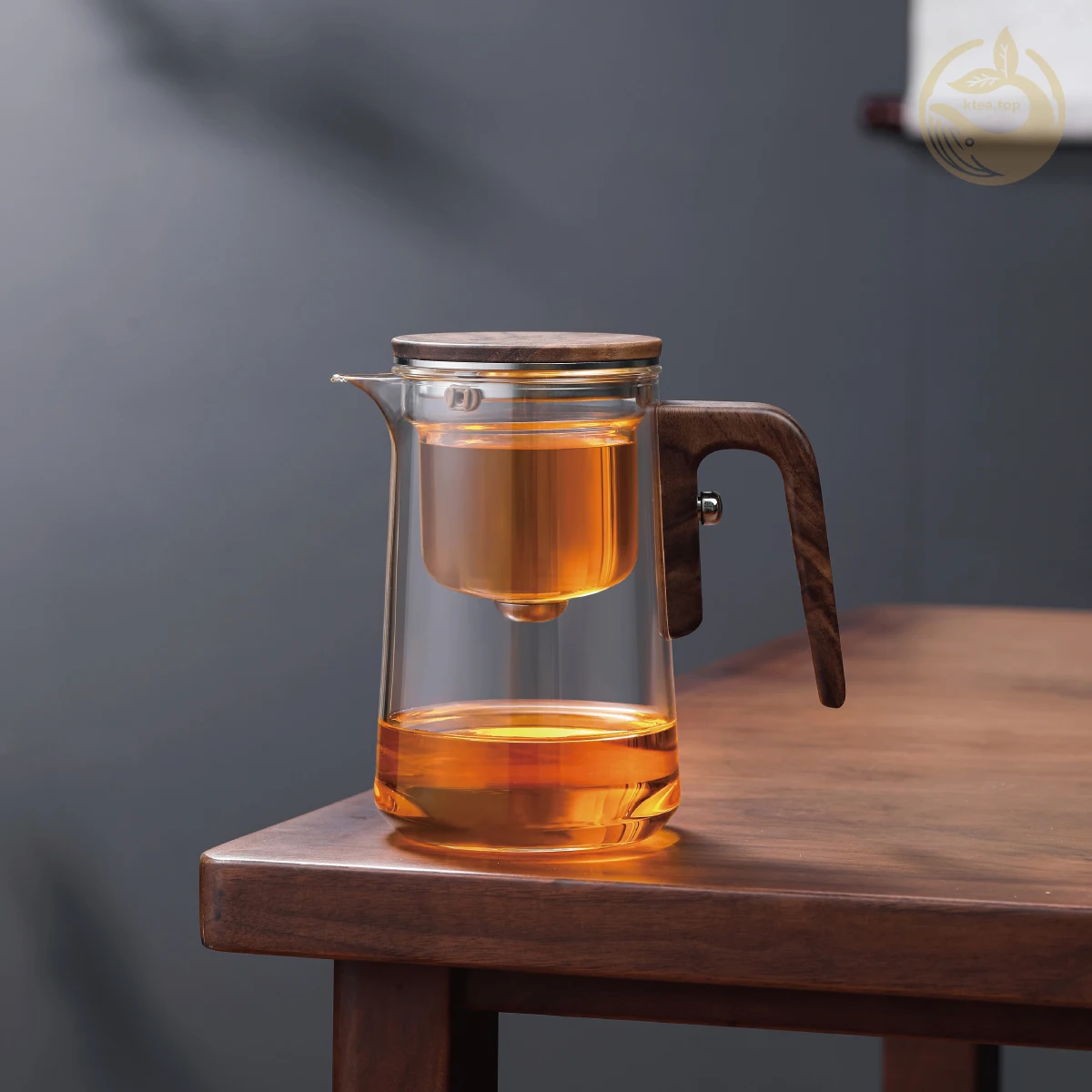 KTea Magical One-Key Brewing:  Real Walnut Glass Teapot with Infuser for Perfect Kung Fu Tea