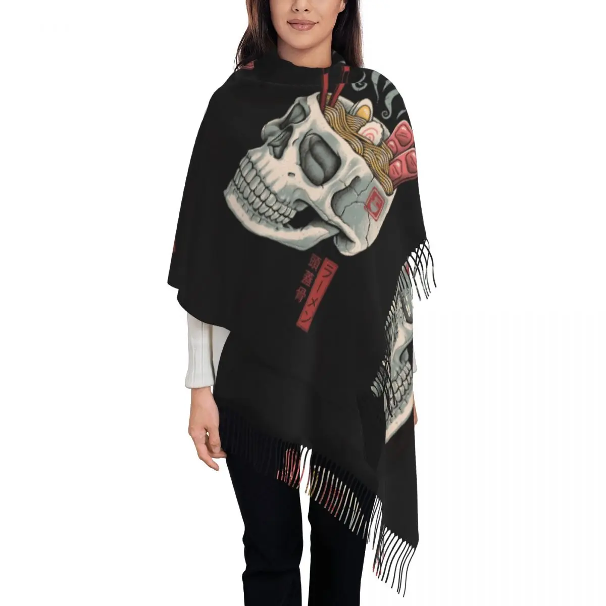 Halloween Skull Scarf Unisex Halloween Food Manga Scarves Wraps with Long Tassel Autumn Popular Shawls Wrpas Keep Warm  Bandana