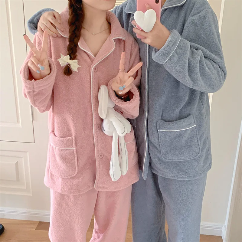 Lovers New Soft Thicken Winter Fuzzy Coral Velvet Solid Long Sleeve Pajama Set Women Couple Home Kawaii Casual Ins Sleepwear