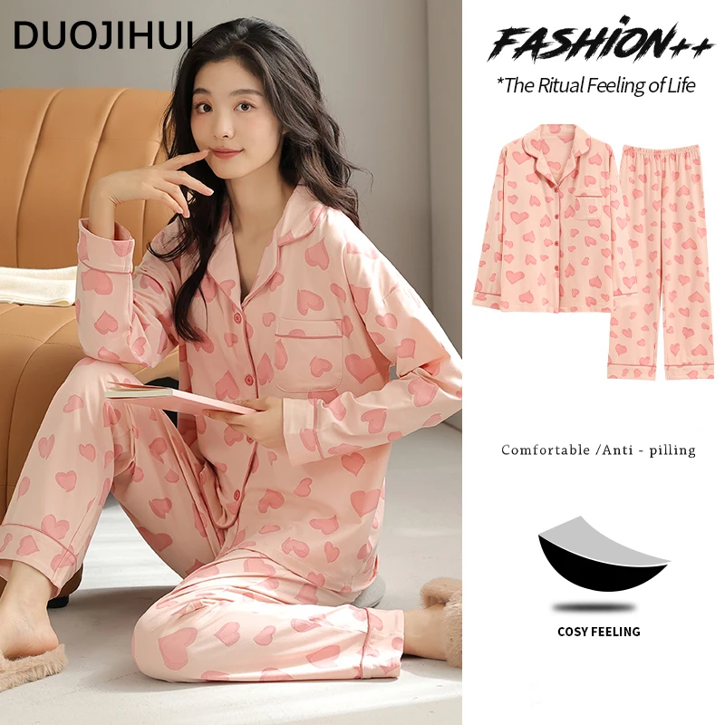 DUOJIHUI Sweet Two Piece Casual Home Pajamas for Women Fashion Cardigan Loose Pant with Chest Pad Chic Pocket Female Pajamas Set