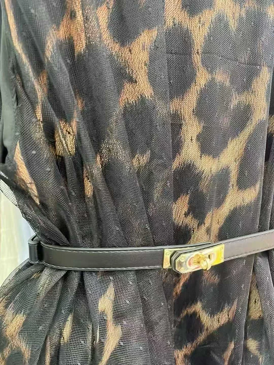 فساتين VGH أنيقة بطباعة الفهد بقماش شفاف للنساء بياقة دائرية بدون أكمام وخصر عالٍ وكشكشة مرقعة للحفلات فستان ماكسي للسيدات #4