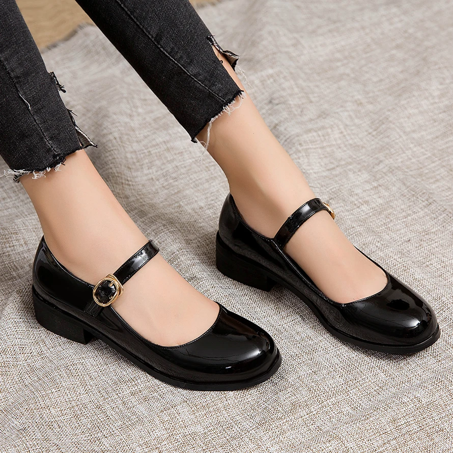 Plus Size 42 Women Leather Shoes Round Toe Mary Janes Shoe Black Girls Student School Low Heels Lolita Shoes Oxford Flats