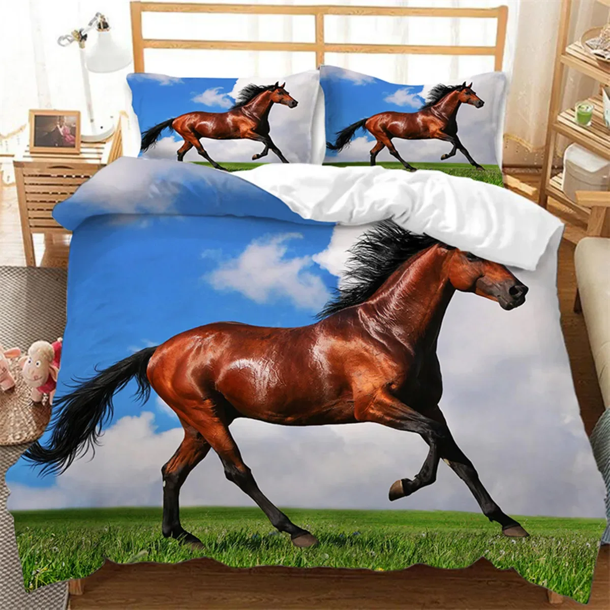 Running Horses Duvet Cover Green Prairie Western Farm Animals for Girl Teen Women Men Teens for Bedroom Decorations Queen King