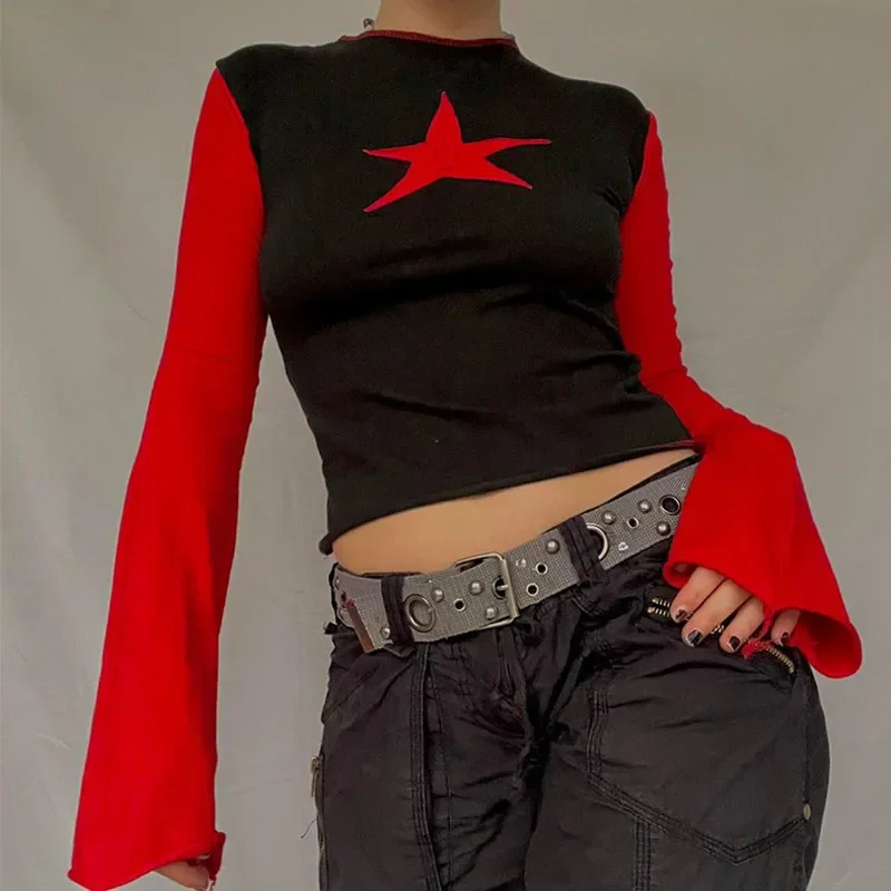

American Street Y2K Trumpet Long Sleeve Gothic Top Summer Ins Street Clothing Ladies Aesthetic Summer Chic Fabric T-shirt