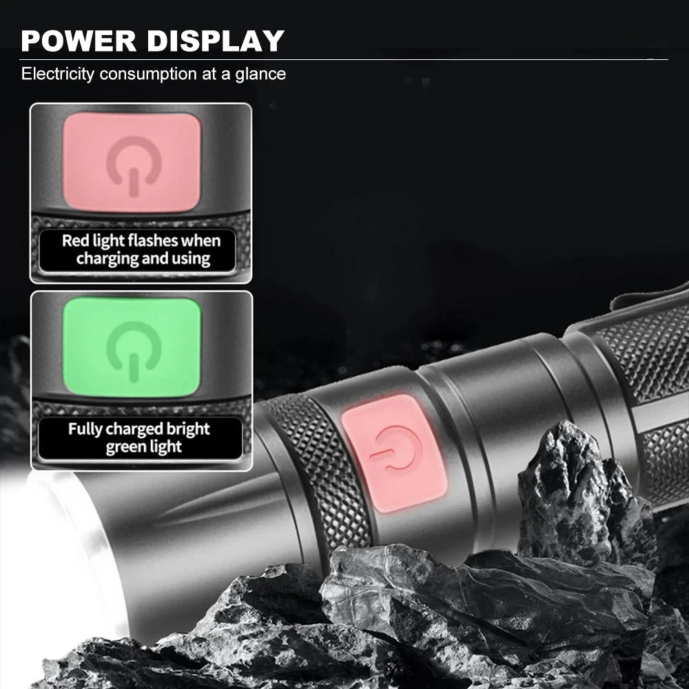 Tragbare LED-Taschenlampe, Teleskop-Zoom, Mini-Taschenlampe, wiederaufladbar, superhelle Handlichter, wasserdichte Angellaterne für den Außenbereich – Detail 9