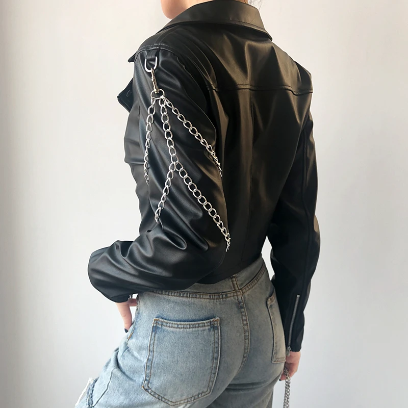 ZURICHOUSE Punk Leather Jacket Women Spring 2024 Streetwear Personality Chain Design Long Sleeve Faux Leather Cropped Jacket