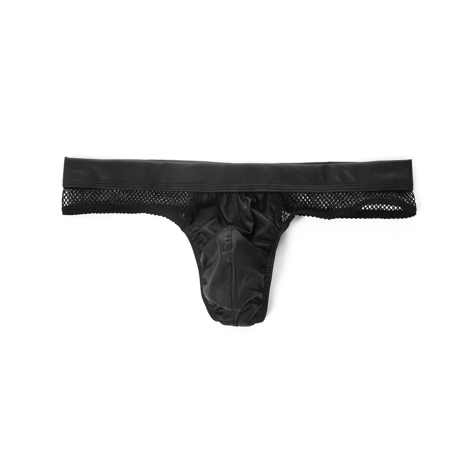 

Men's Sexy Faux Leather Thong Mesh Transparent Underwear U Convex G String Hip-Baring Lingerie T-Back PU Jockstrap Panties
