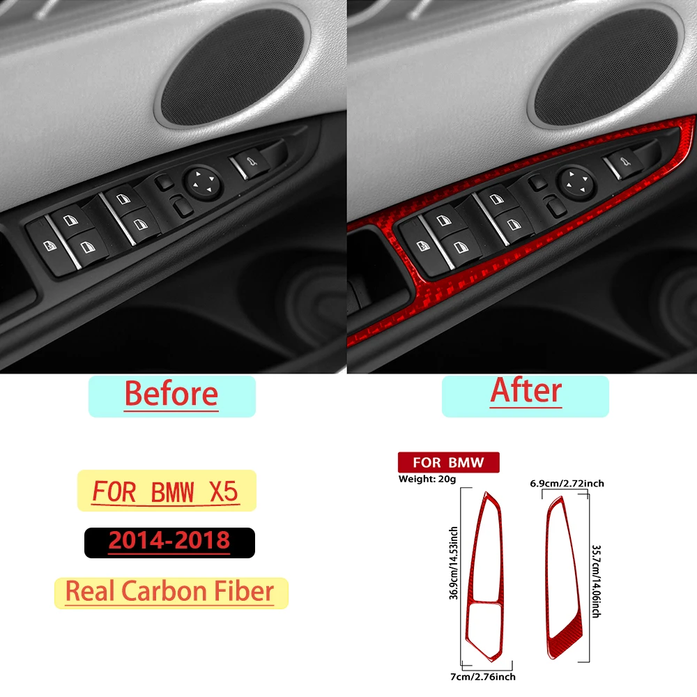 For BMW X5 2014–2018 Car Door and Window Lift-Up Frame Trim Red Real Soft Carbon Fiber Interior Accessories Decoration Stickers