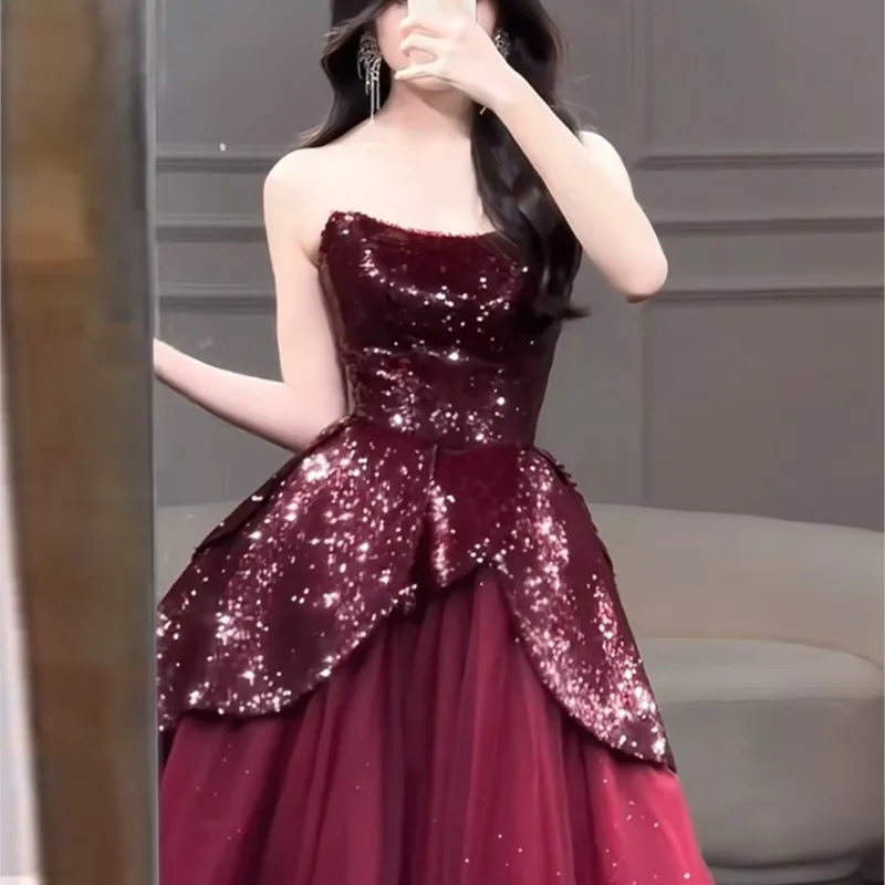 Toasting with top chest new wine red women light luxury niche sequin dress