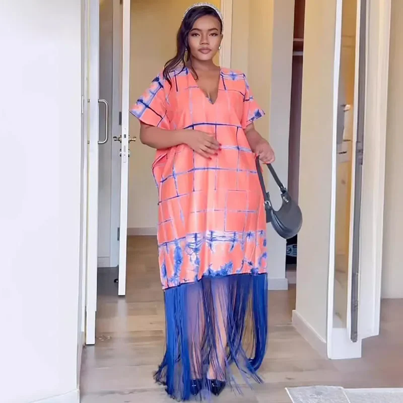 Vintage Print Loose Fit Maxi Dress Women Y2K Clothes Elegant V-neck Tassel Hem Birthday Club Party Long Dresses Vestido De Mujer