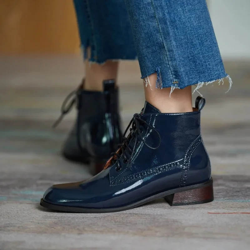 

Quality Women Patent Leather Ankle Boots Round Toe Square Heel Lace Up Riding Boots Warm 2026 Autumn Winter New Shoes Woman