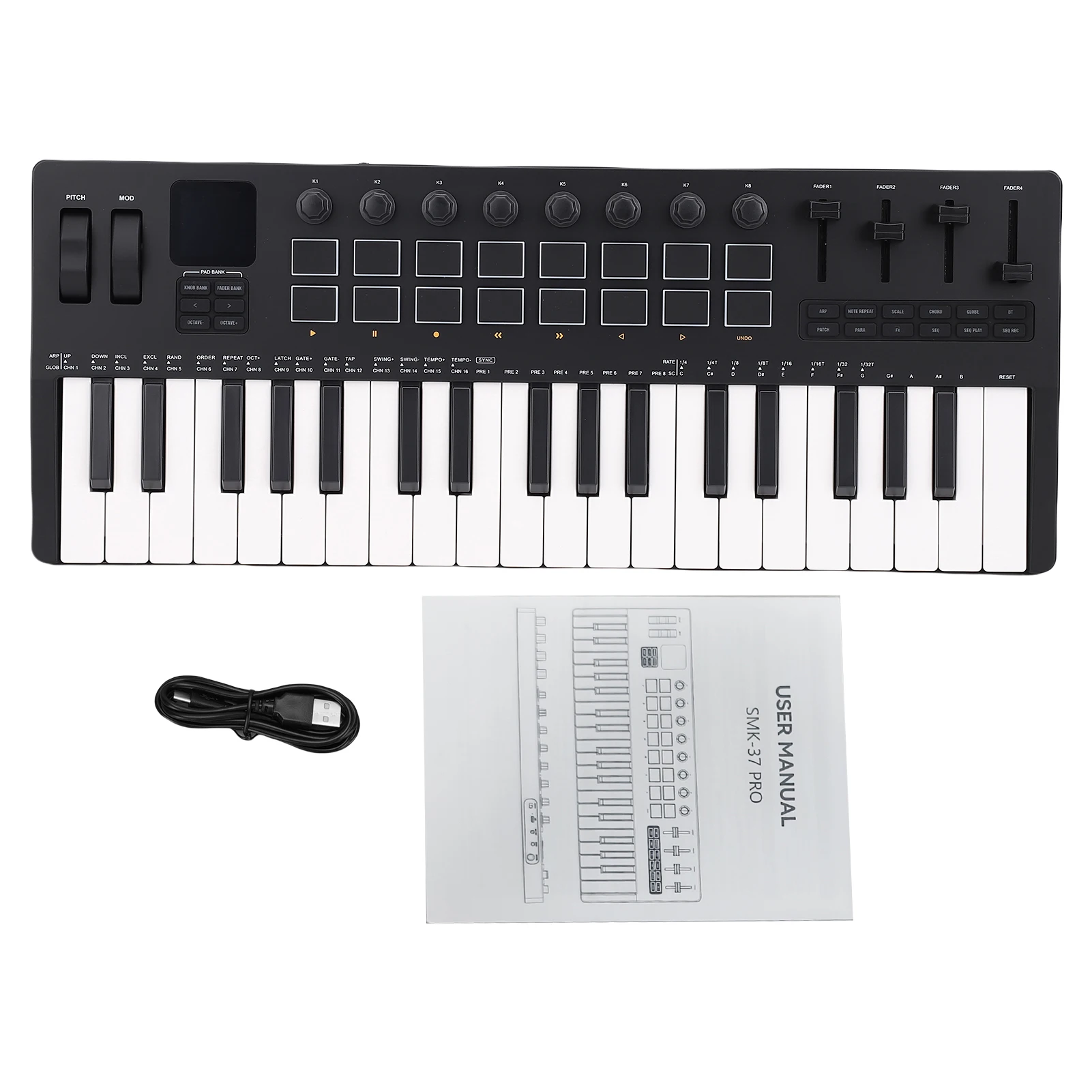 

M-VAVE 37 Key MIDI Keyboard Controller with 16 RGB Pads 8 Knobs 4 Faders Synthesizer Engine BT Wireless for Music Production