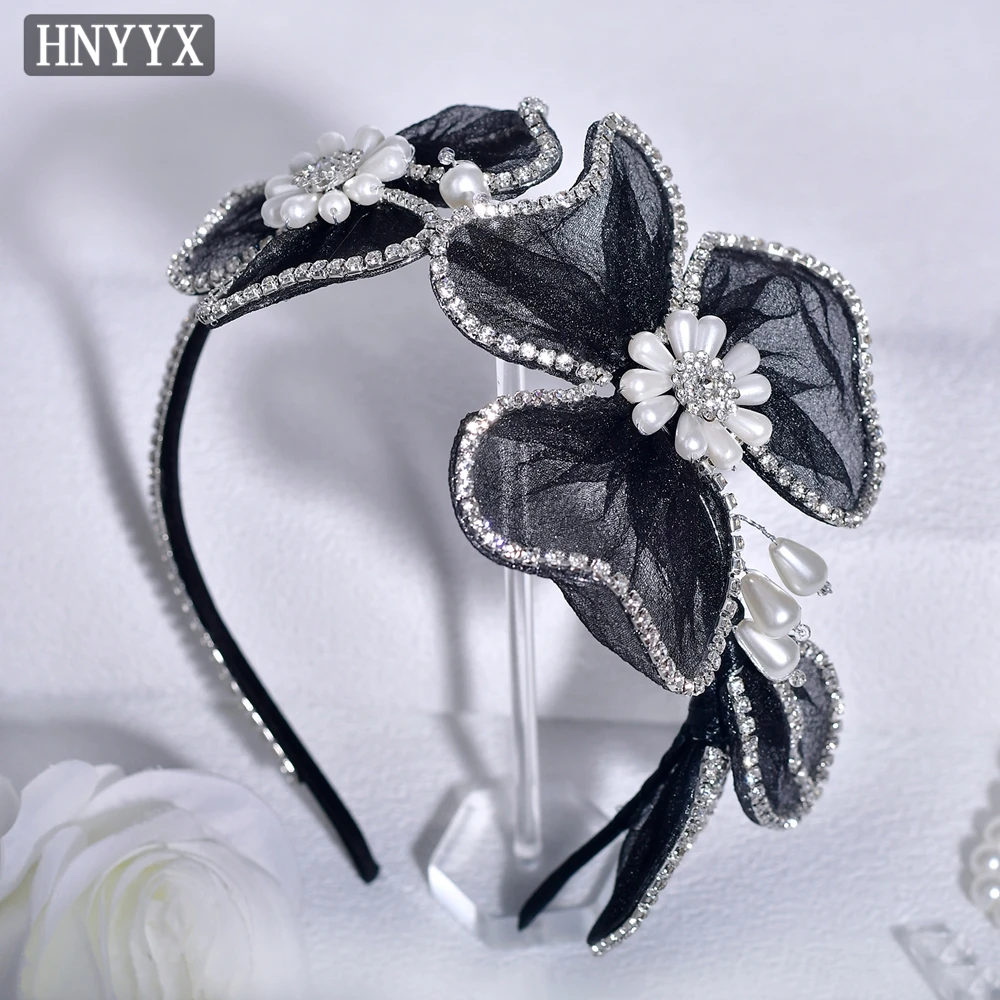 

HNYYX Rhinestone Pearl Headband Mesh Flower Hairband Elegant And Simple Headdress Daily Versatile Hair Accessories A345