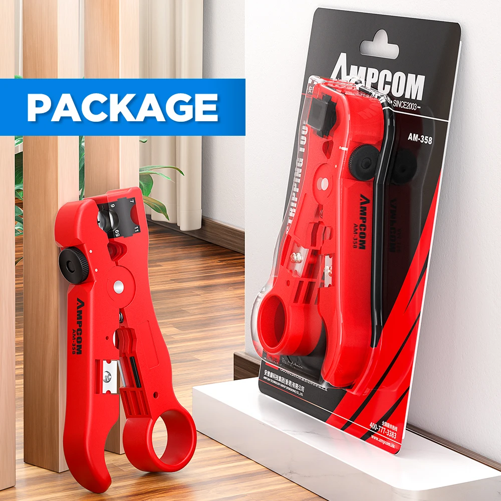 Ferramenta multifuncional AMPCOM para fios coaxiais/redondos/planos, descascador de fios e cortador com compressão