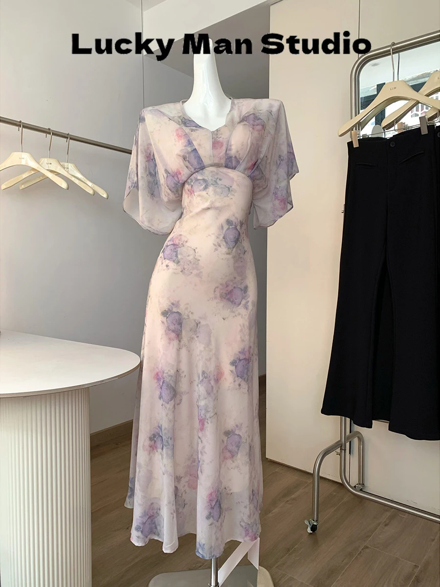 

Elegant High Waist Floral Print Chiffon Dress Women's Summer 2026 Gauzy Long Dress Short Sleeve Midi Skirt Polyester Fiber