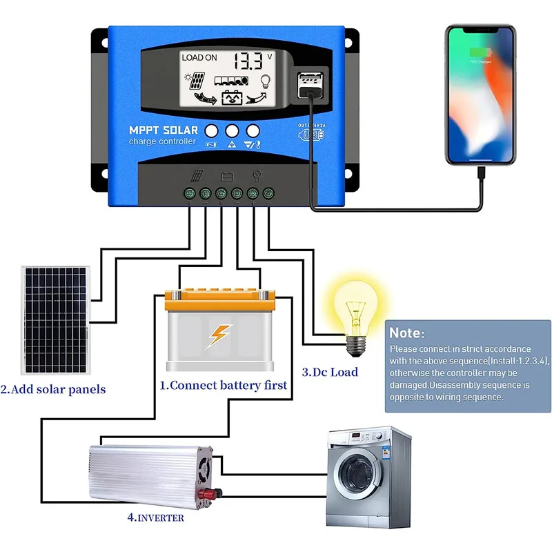 MPPT Solar Charge Controller 100A 12v/24v Current Auto Focus Charging LCD Display Car Battery Board Charger Regulator with Load - view 2