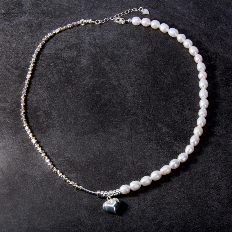 

1Piece Spliced Natural Pearl Silver Bits Jewelry Sets for Women 925 Sterling Silver Heart Pendants Necklaces Pearls Bracelets