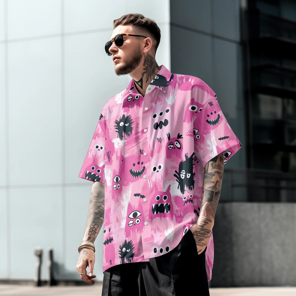 

Summer casual oversized short sleeved shirt with full body print, loose Hawaiian beach fashion, comfortable single row buttons