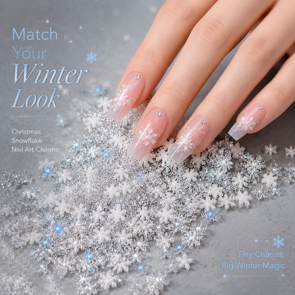 50Pcs Christmas Snowflake Resin Nail Charms White Blue Silver Multi‑Size 3D Decor For Daily Party Acrylic & Press‑On Nails DIY
