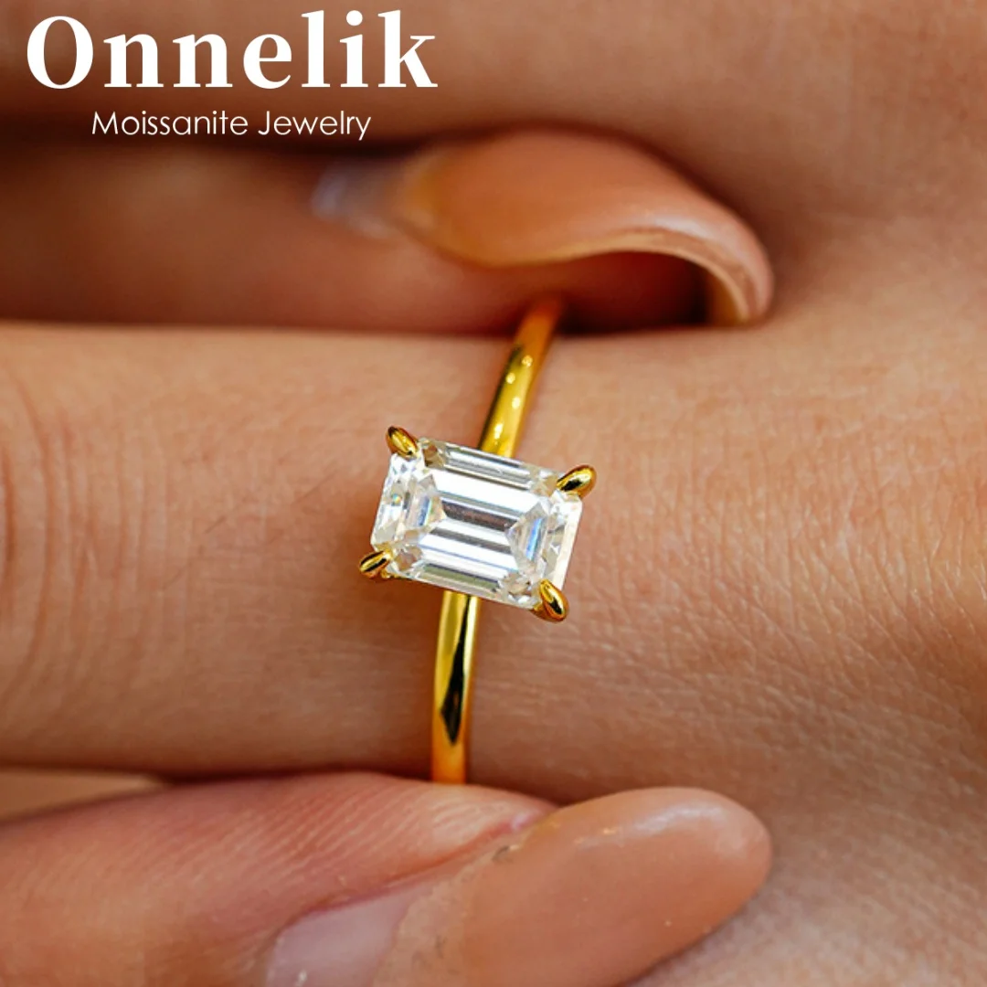 

Кольцо Onnelik S925 из стерлингового серебра с позолотой 18K, с прямоугольным муассанитом изумрудной огранки 1 карат на четырех крапанах, для женщин, элегантный подарок