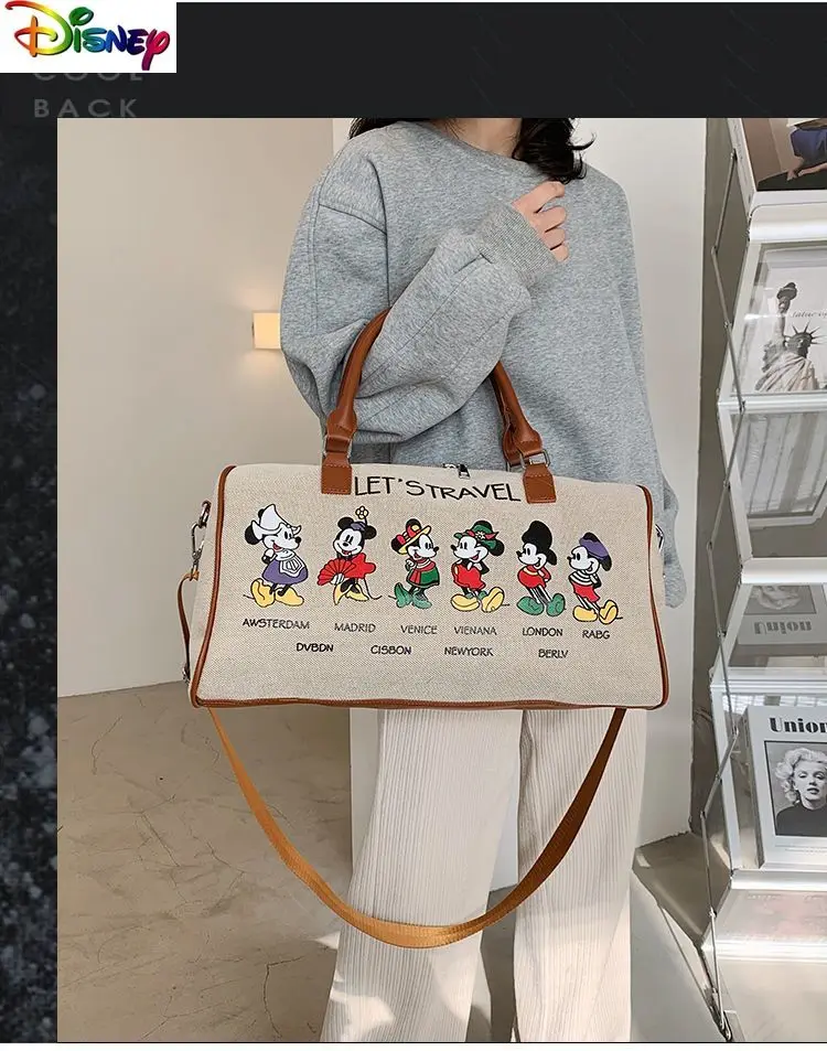 Disney Fashion Canvas Mickey Printed Travel Handbag Student Large Capacity Casual Storage Luggage Bag