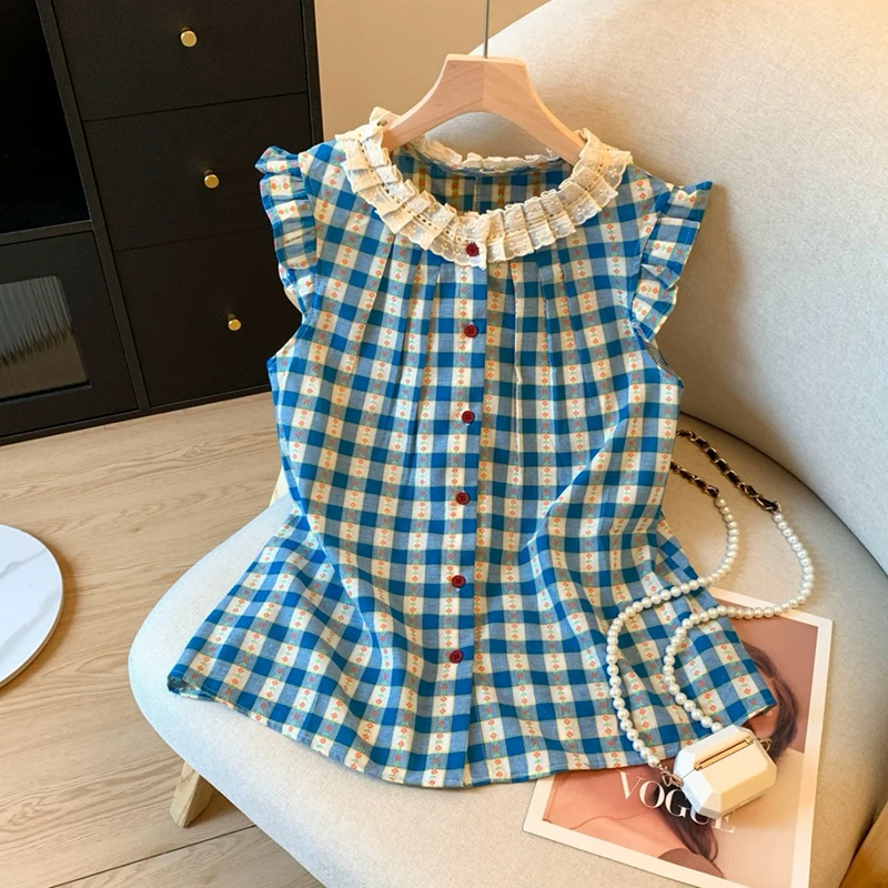 

Vintage Plaid Shirts Women Harajuku Floral Lace Patchwork Blouses Summer Sweet Korean Print Flying Sleeve Casual Design Tops New