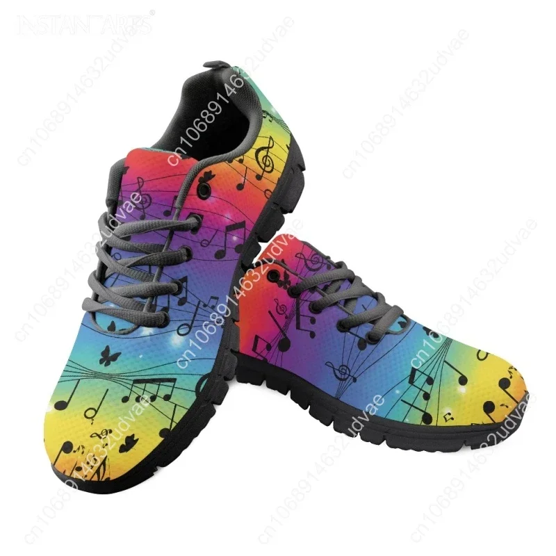 Rainbow Musical Note Print Women Casual Mesh Sneakers Lace Up Flats Shoe Brand Design Light Weight Footwear Zapatos