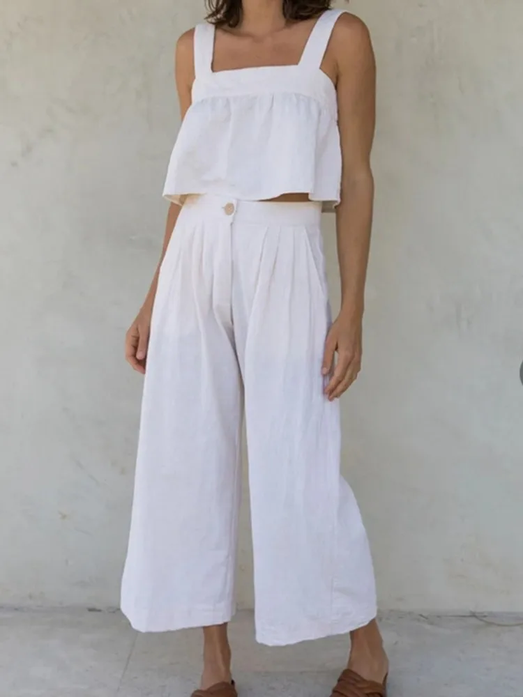 

2025 Новые женские однотонные хлопковые льняные летние комплекты из 2 предметов, майка без рукавов, широкие брюки, повседневная женская одежда из двух предметов