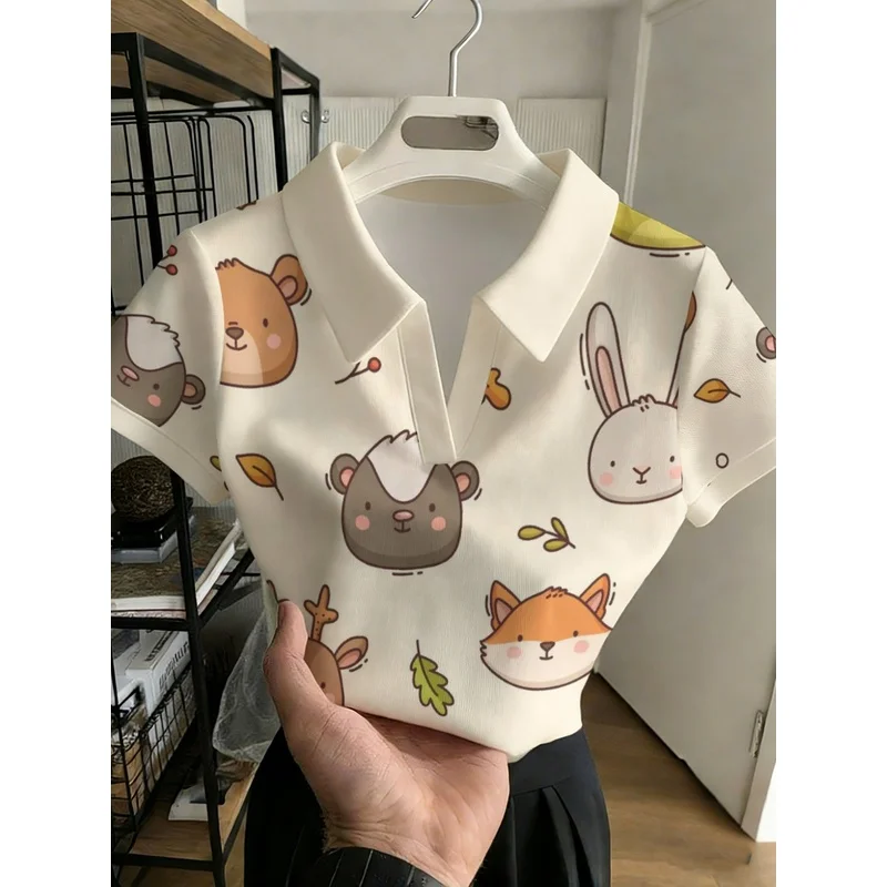 Women's stylish, versatile, button-free top featuring a cartoon land animal collage print—perfect for casual wear.