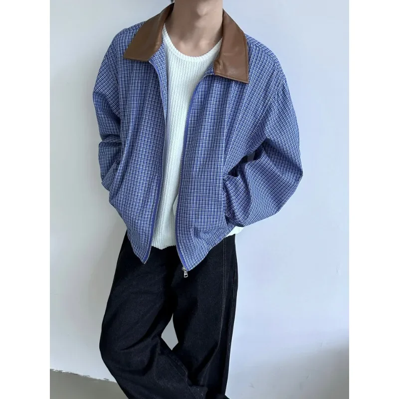 

2024 Autumn New Retro Loose Contrasting Leather Collar Blue Checkered Jacket Jacket Men's Versatile Shoulder Padded Top