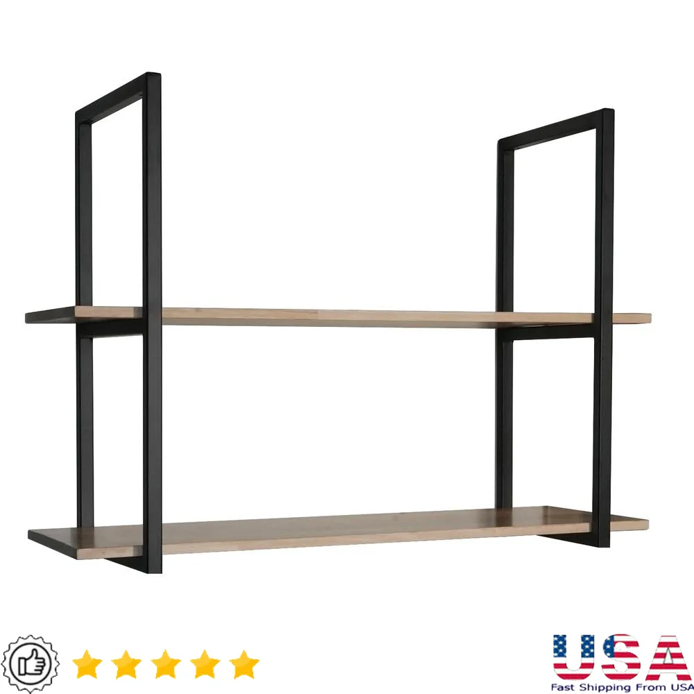 Industrial Carbon Steel Floating Shelf 2-Tier Rubberwood Storage Rack 24.4