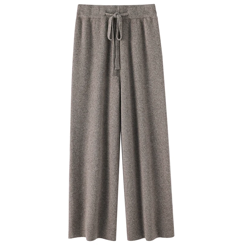Pantalones de lana tejidos para mujer, pantalón largo informal de pierna ancha y cintura alta, corte recto, holgado, otoño e invierno