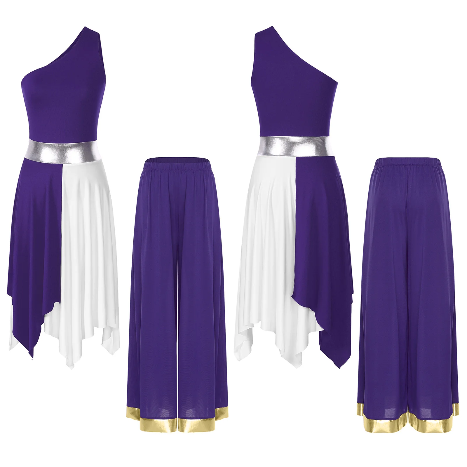 

Womens One Sleeveless Worship Praise Dance Outfit Shoulder Contrast Color Irregular Hem Dress+Wide Leg Pants for Lyrical Dance