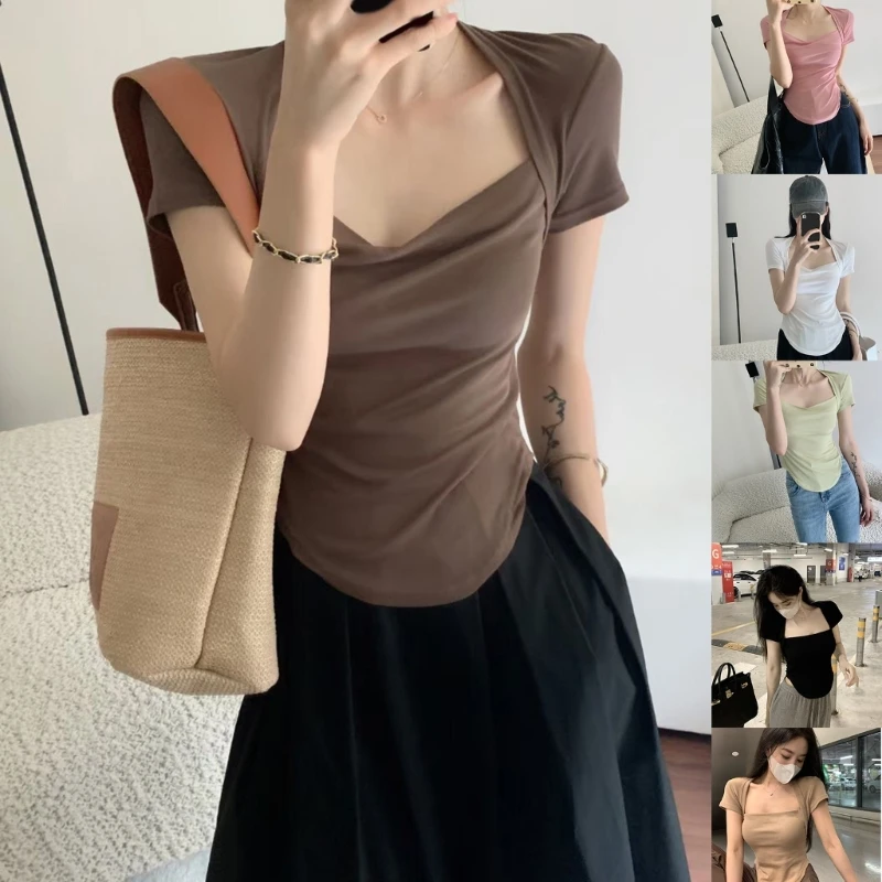 Women Solid Color Square Neck Short Sleeve Top Elastic Waist Bodycon Insgrams Style Tops Cropped Honey Shirts Dropship