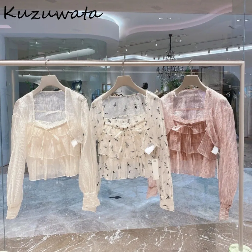 Kuzuwata Sweet Puff Sleeve Chiffon Sets Shirt Casual Ruffles Square Collar Lace Up Sling Japan New Fresh Elegant Print Suit Tops