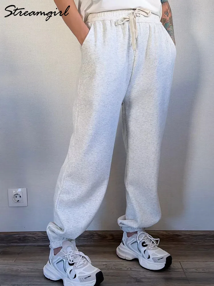 Grosso quente sweatpants feminino inverno perna reta calças de lã cintura elástica cinza veludo calças quentes com lã para mulher