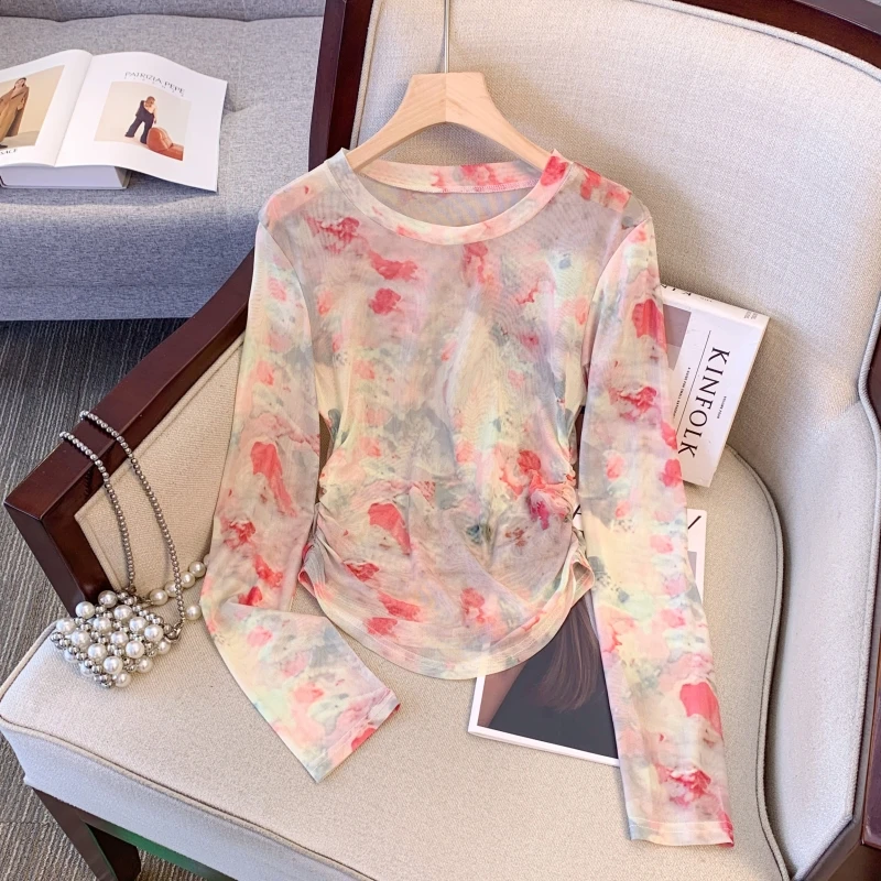 Letnia nowa koszulka damska z efektem tie-dye, długa, z okrągłym dekoltem, chroniąca przed słońcem, do pracy, w stylu koreańskim.