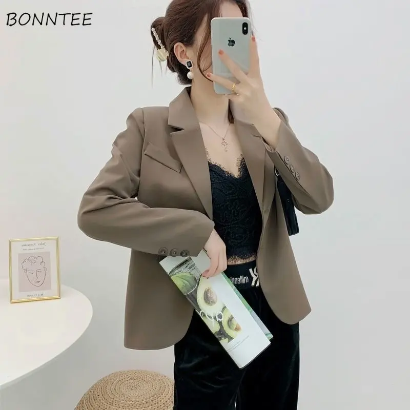 

Crop Blazers Women Button-Up Clothing Slim Temper Office Lady Vintage Korean Fashion Pure Notched Minimalist Spring Streetwear