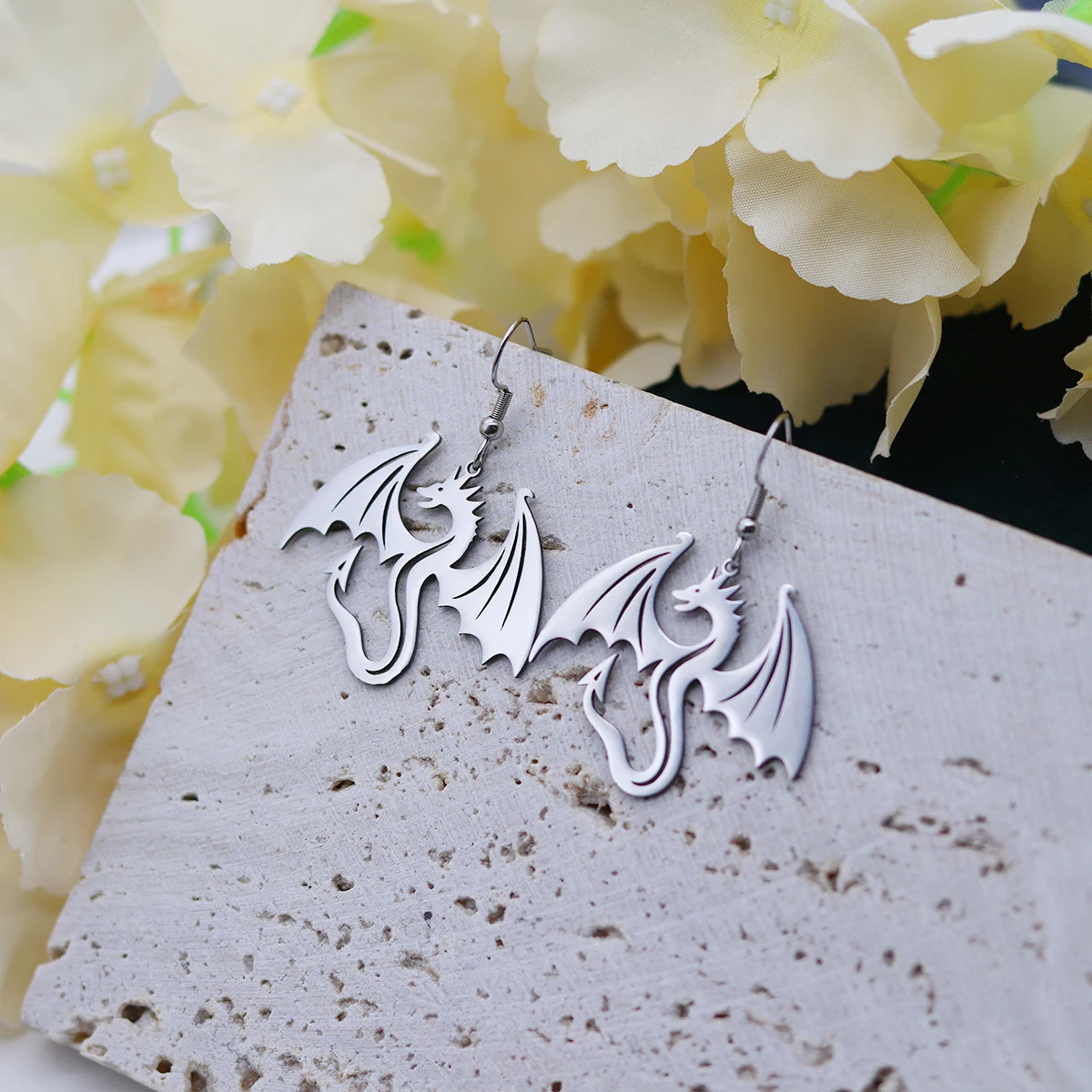 Kinitial Western Dragon Pendant Earrings For Women Men Stainless Steel Animal Hip Hop Earrings Friendship Jewelry