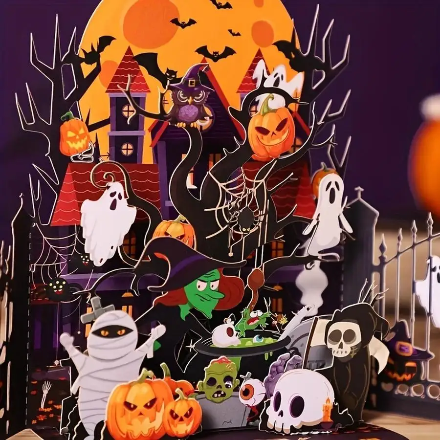 1/5/10/20/50/100pcs Handmade Halloween Pop-Up Card with Witch's House, Jack-o'-Lanterns, Ghosts - Purple & Orange Spooky Party I