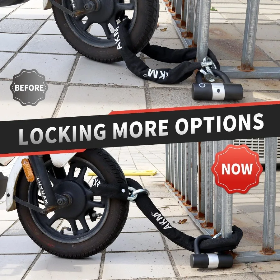 قفل دراجة مضاد للسرقة شديد التحمل بطول 3 أقدام بطول 90 سم مع سلاسل متينة سميكة 10 مم وقفل U 16 مم للدراجات النارية والدراجات النارية