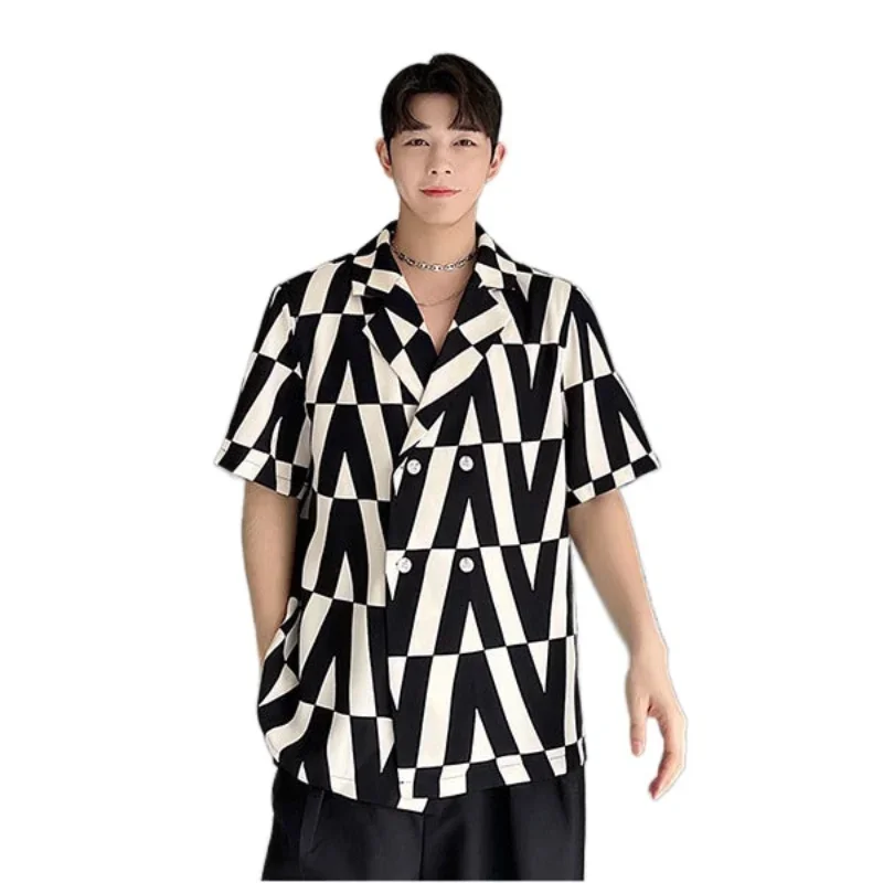 

2023 Summer New Men's Korean Geometric Printing Temperament Shirt Long Sleeve Korean Versatile Fashion Shirt Trendy Top