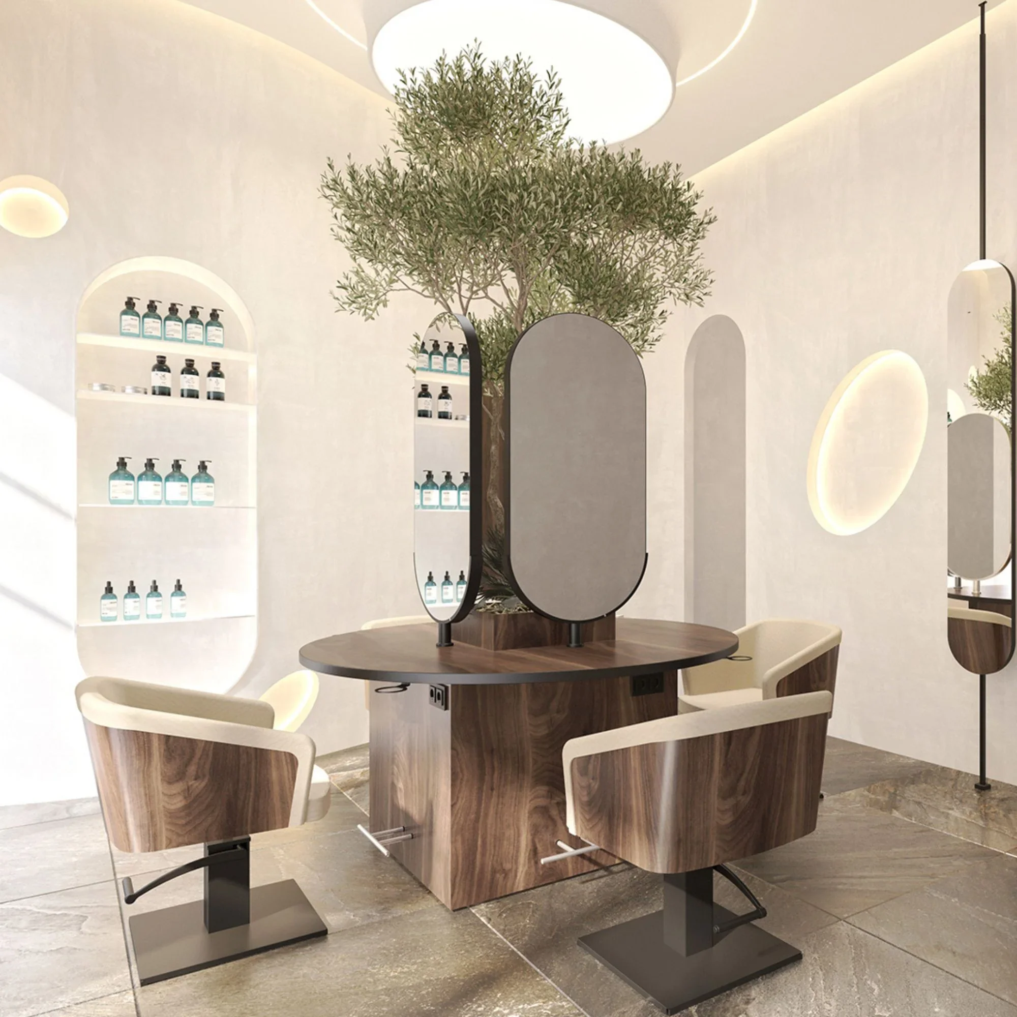 Barber shop furniture LED light strip Double-sided lighting Hair salon modeling Wood mirror table with round table