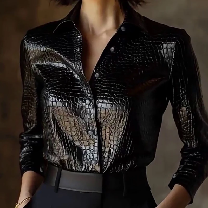 Cardigan noir à boutons en peau de serpent pour femmes, haut à col rabattu, élégant, à la mode, manches longues, brillant, rétro, Streetwear